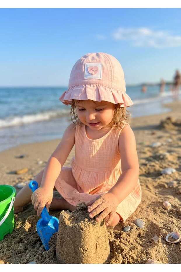 100% Cotton Girl's Ruffle Hat with Heart and Pearl Details