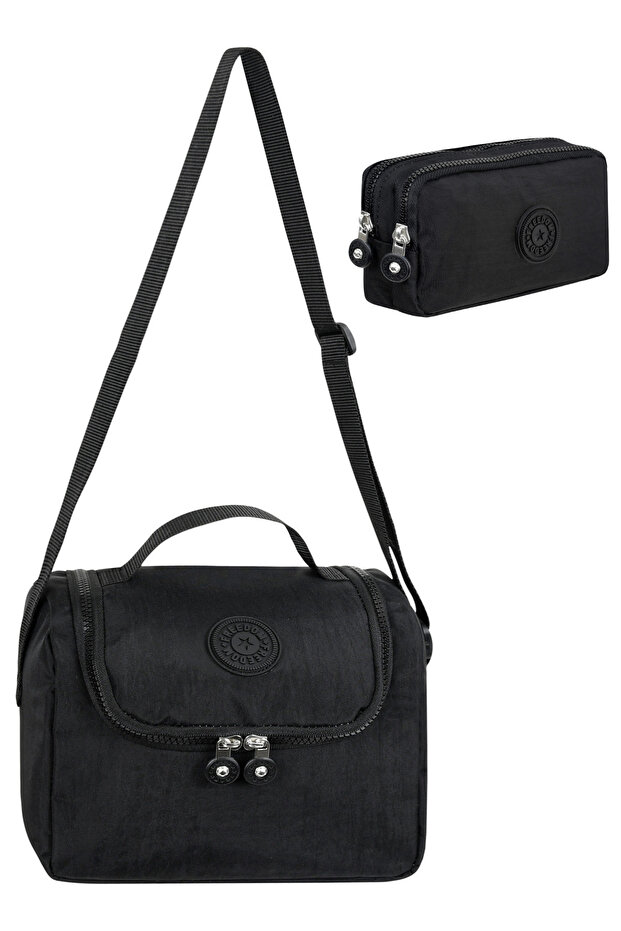 Black Tr5 Set of 2 Crinkle Fabric Thermal Lunch Box + Double Pencil Holder