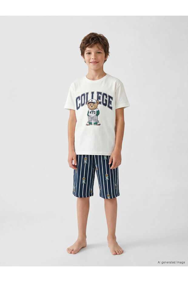 Lcw Kids Ecru Bear Teddy Printed Boys' Shorts Pajama Set