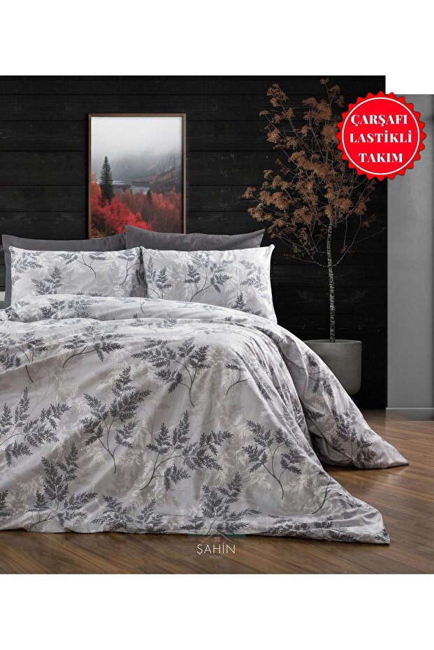 Gray Floral Double Duvet Cover Set with Elastic Sheet (160X200)
