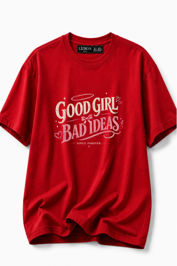 Women's Good Girl Printed Oversize 100% Cotton T-Shirt Comfortable Fit T-Shirt - Red