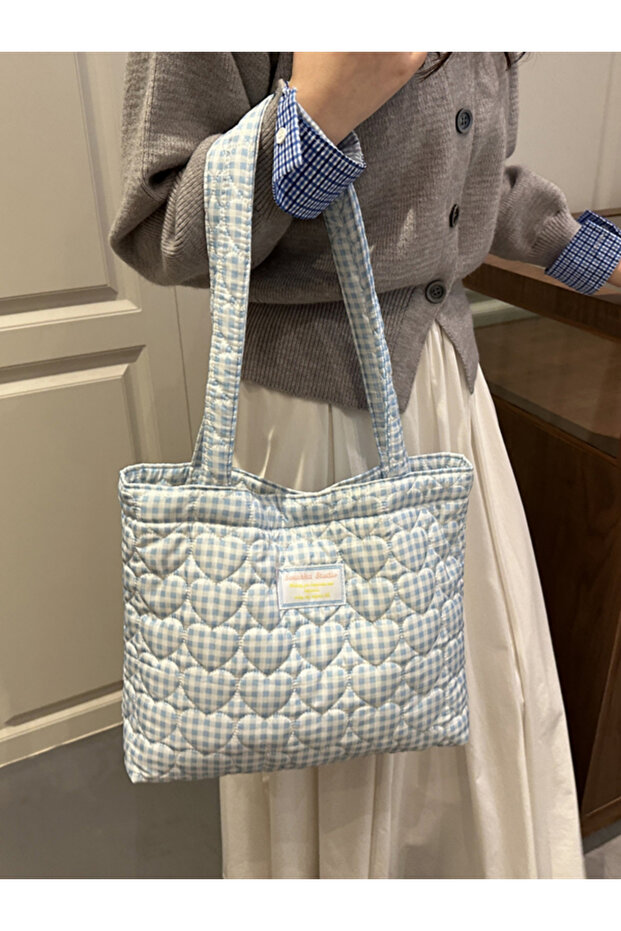 Blue Gingham Quilted Shoulder Bag