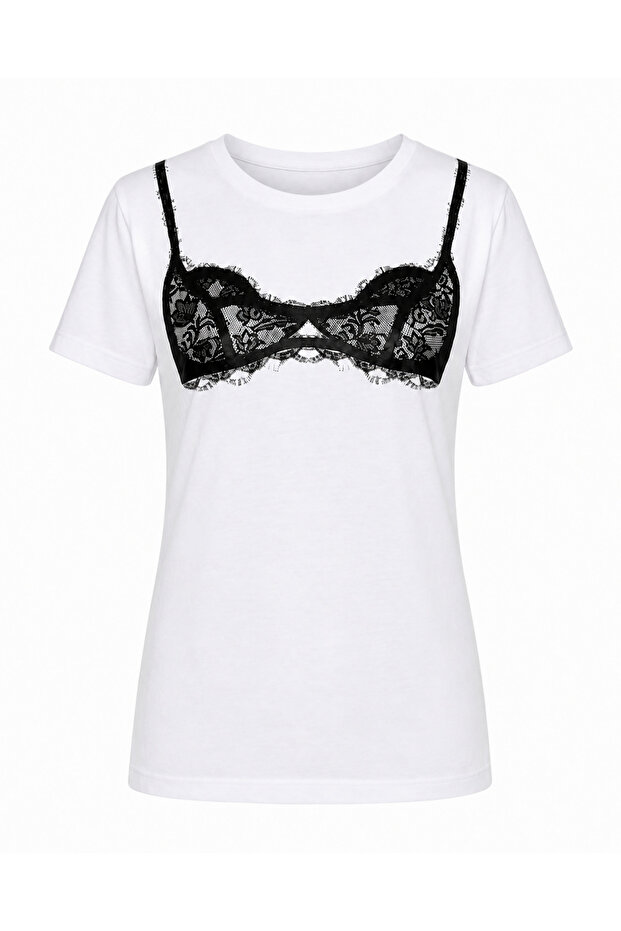 Dantel Baskılı Kadın Basic T-Shirt
