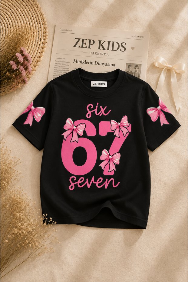 Girl's 67 Printed Cotton Lycra Black Color Oversize T-Shirt