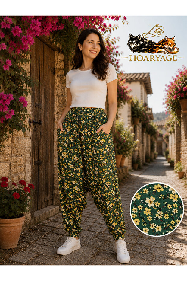 hoaryage Jarse Kumaş Çiçek Desenli Tek Cepli Şalvar