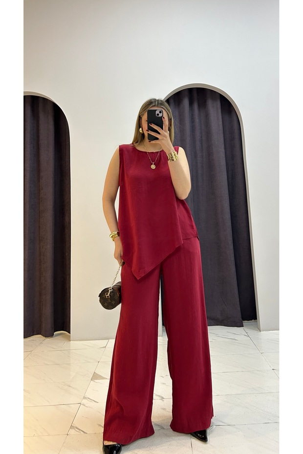 V Cut Crew Neck Modal Fabric Suit Burgundy