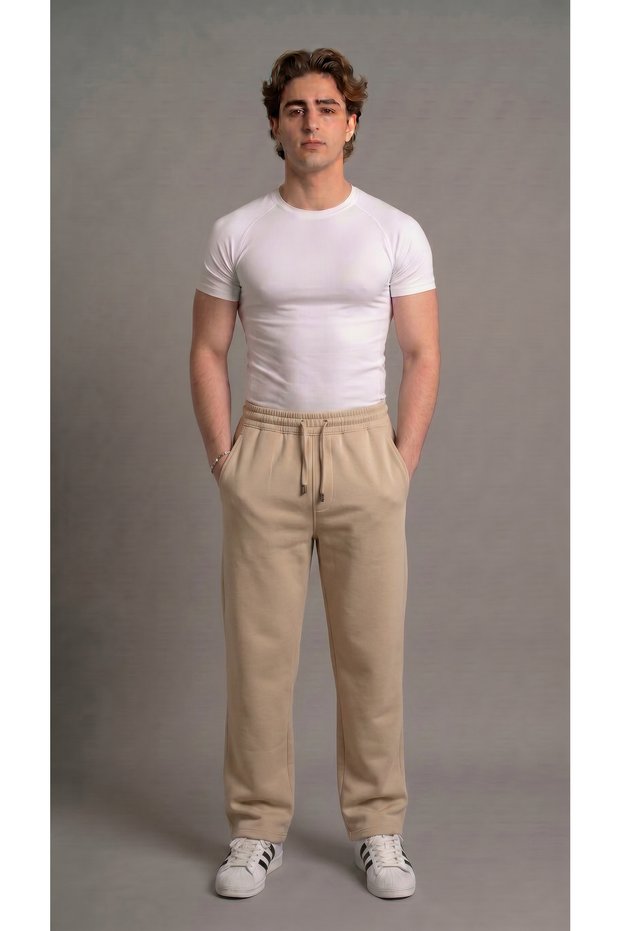 Men's Beige Pique Fabric Loose Fit Baggy Pocketed Lace-Up Trousers