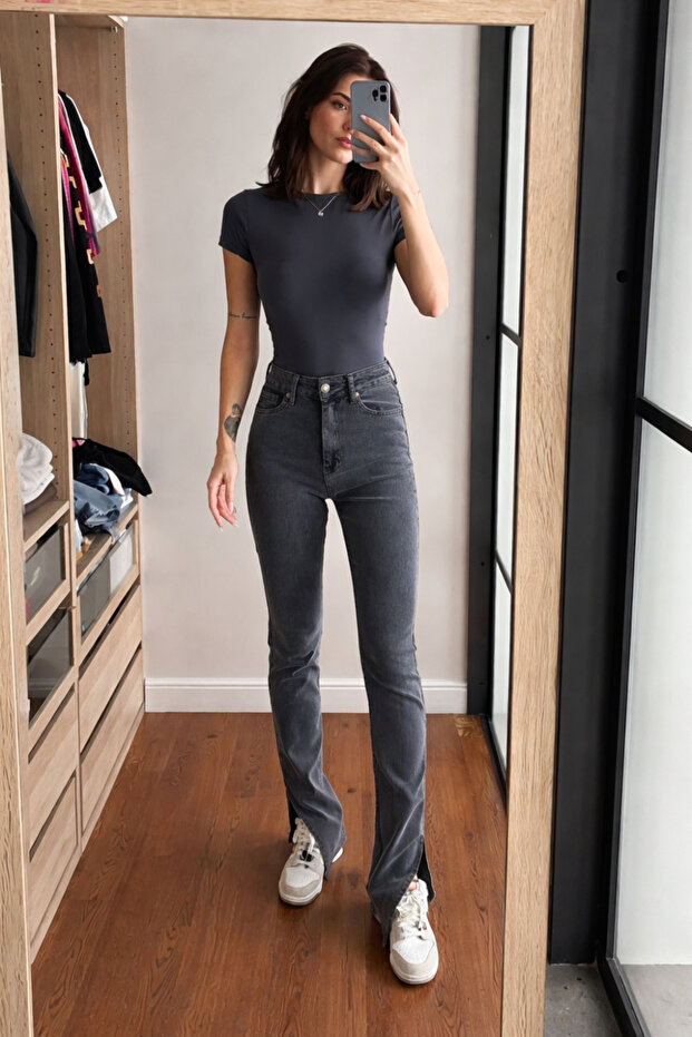 Men's High Waist Smoked Denim Jeans with Slits