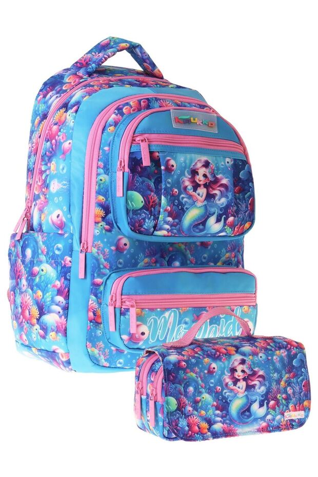 Kids Coral Pink - Blue Girls' Elementary School Backpack and Pencil Case Set - Setkk-L5323C