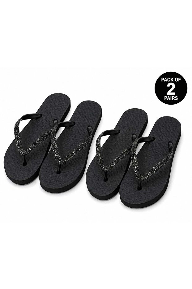 Women's Flip Flops Flat Slippers with Glitter Straps Pack of 2 Black