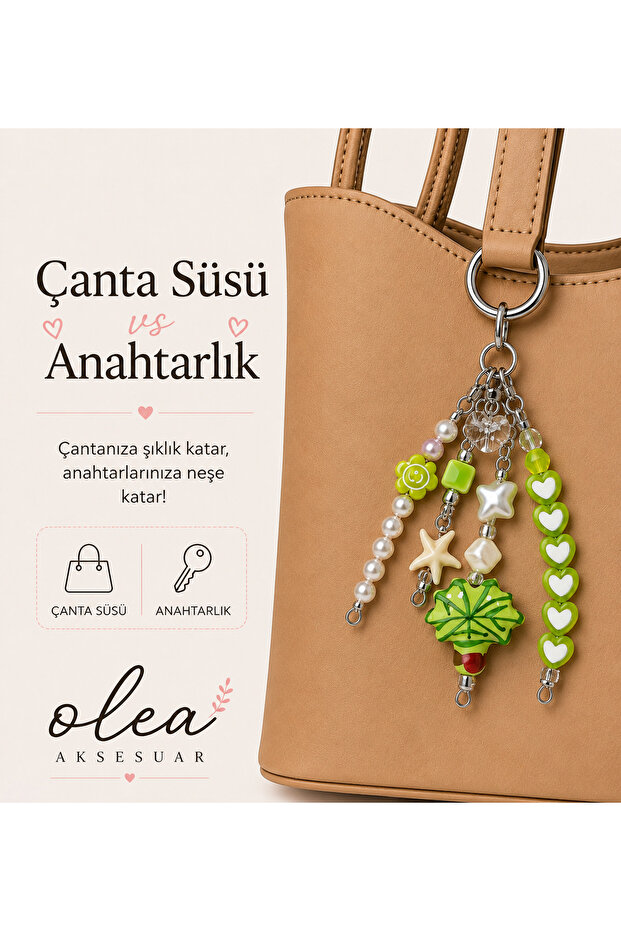 Green Heart and Leaf, Pearl Beaded Detailed Bag Ornament and Keychain