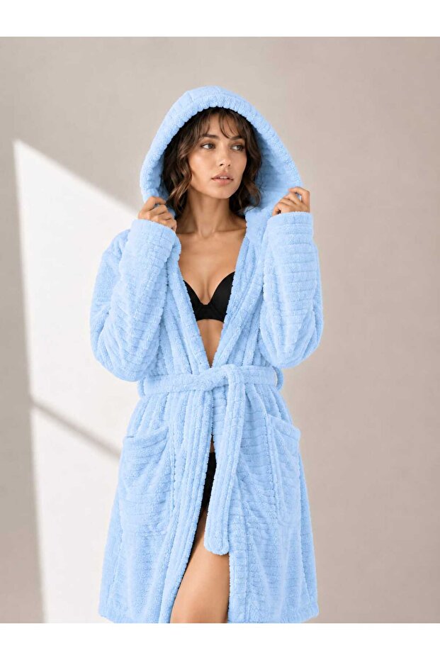 Women's Hooded Plush Wellsoft Bamboo Organic Bathrobe with Pockets and Belt, Soft Textured Dressing Gown