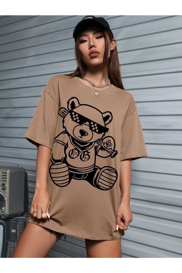 Bear with Glasses Printed Women's / Girls Oversize Brown T-Shirt