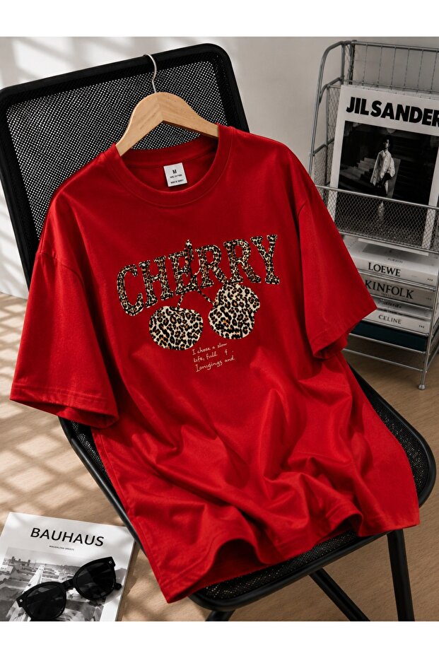Women's Red Printed Cherry Leopard Pattern Crew Neck Comfortable Fit Premium Basic T-Shirt