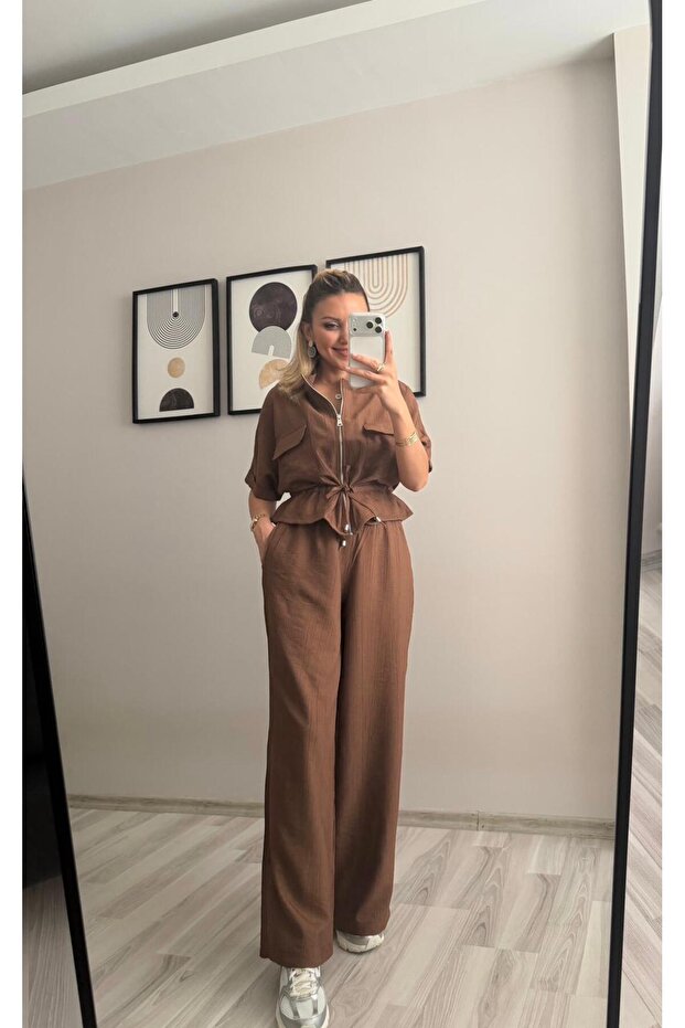 Short Sleeve Jacket and Pants Set with Waist Tie Strings