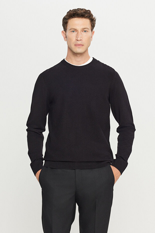 Men's Black Standard Fit Regular Cut Crew Neck Jacquard Knitwear Sweater
