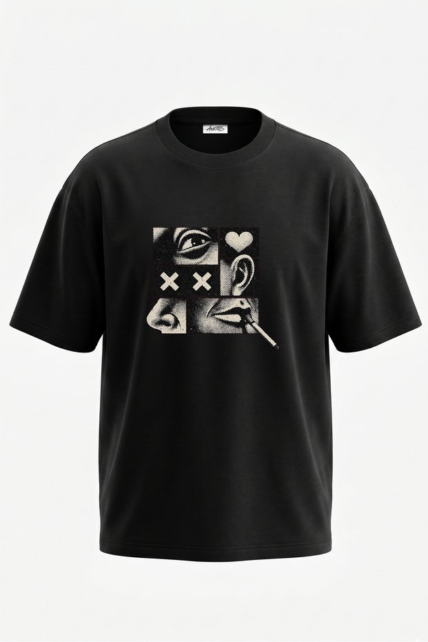 Grunge Yuz Design Back Printed Cotton Black Oversize T-Shirt
