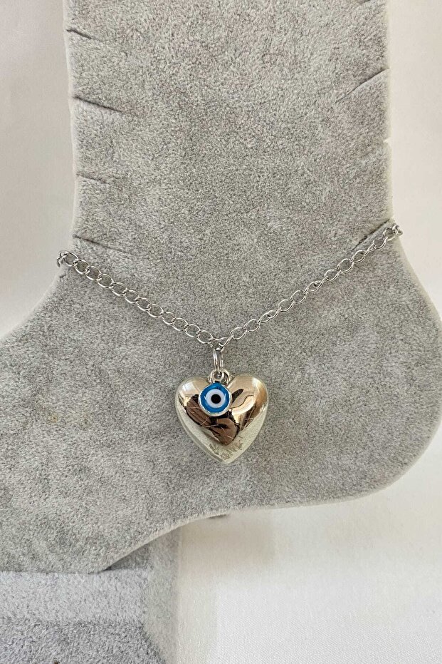 Silver Color Heart Evil Eye Extension Chain Steel Anklet - 3225