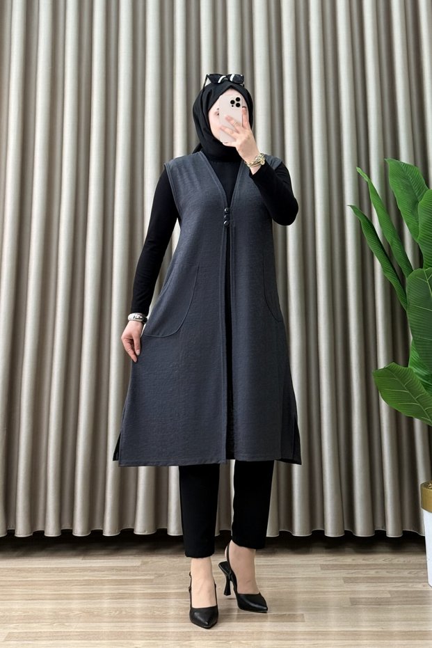 Neri̇man Yelek Smoked Jacquard Fabric Loose Fit V-Neck Buttoned Pocketed Long Hijab Plus Size Vest