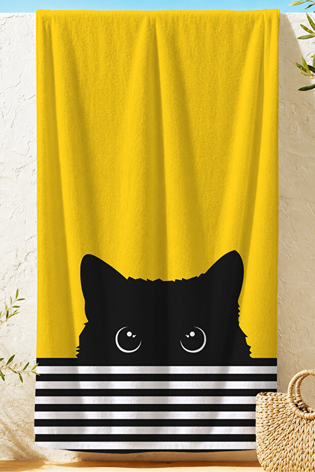 Cat-Themed Yellow and Black Children's Beach Towel - Striped Modern Unisex Quick-Drying Microfiber Towel