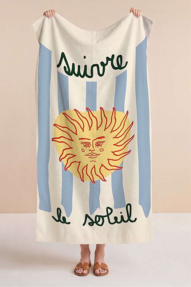 Striped Marine Beach Towel with Sun Figure - Mediterranean Style Blue Cream Quick-Drying Microfiber Towel