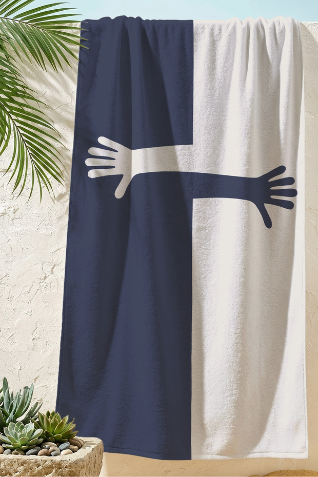 Minimalist Geometric Modern Beach Towel - Navy Blue White Abstract Artistic Quick Dry Towel Coverlet