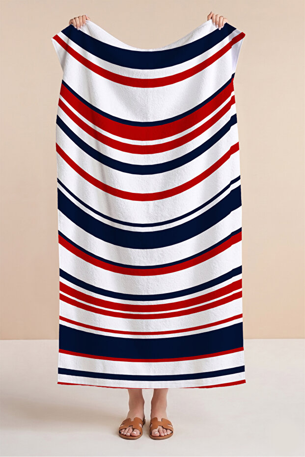 Striped Marine White Navy Blue Beach Towel - Quick-Drying Microfiber Towel with Red Line Detail
