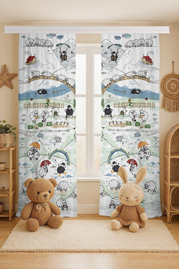 Happy Sheep Land Patterned Children's Baby Room Background Curtain (Single Wing Pricing)