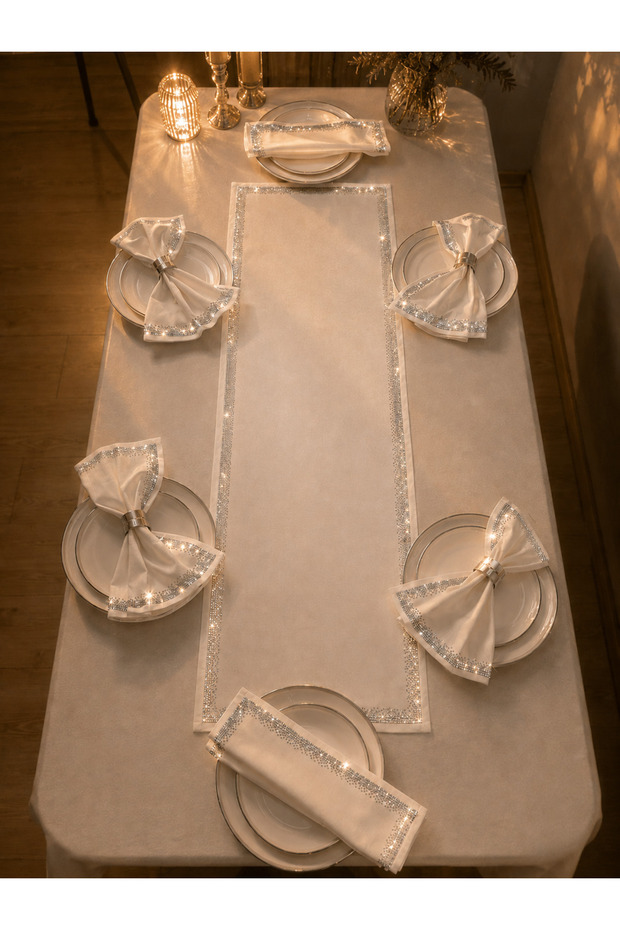 Silver Elegance Collection White Linen Runner Set 38X138 and 6 Napkins 36X36 cm