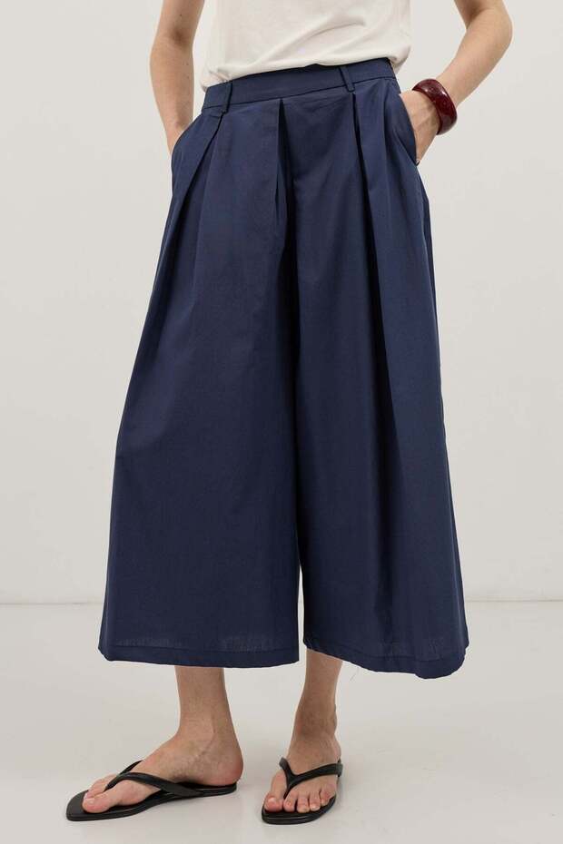 Navy Blue Pleated Culotte Trousers