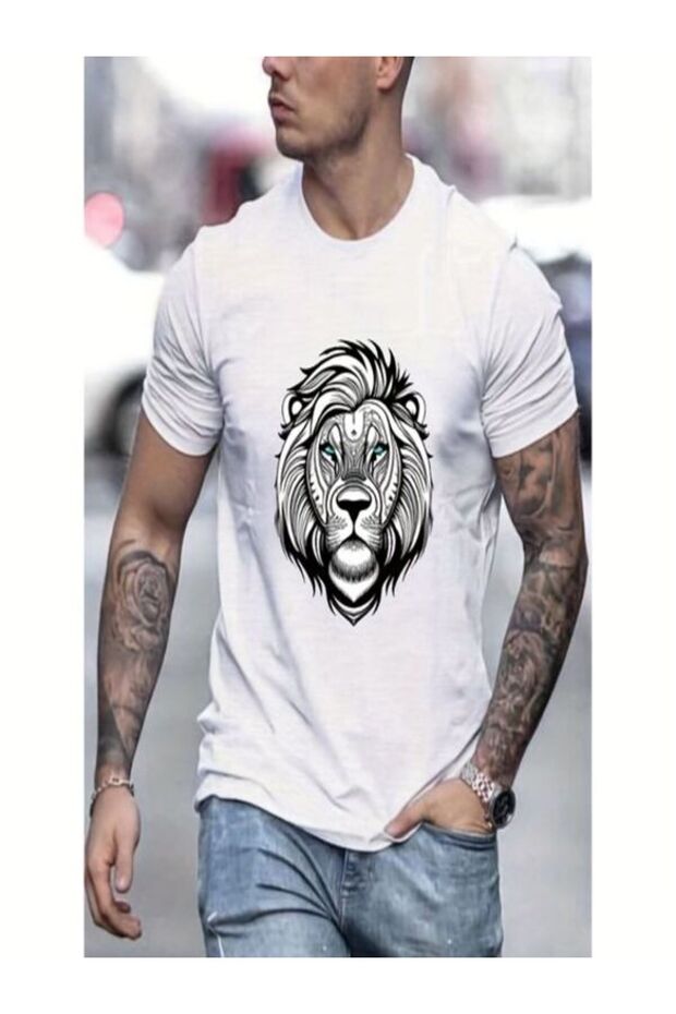 Lion Printed White Men's T-Shirt