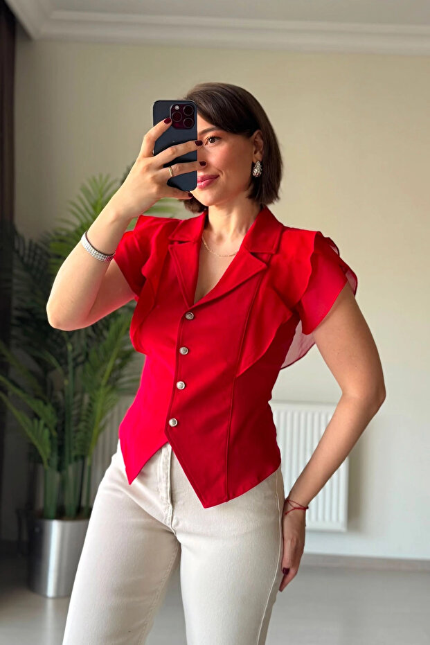 Red Vest Blouse with Ruffle Sleeve Detail
