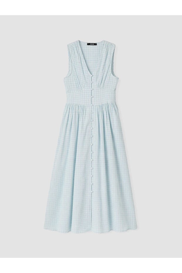 Blue V-Neck Plaid Waist-Slit Dress