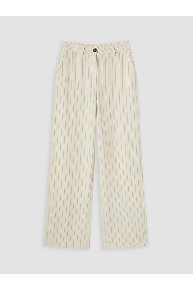 Beige Striped Linen Look Women's Trousers