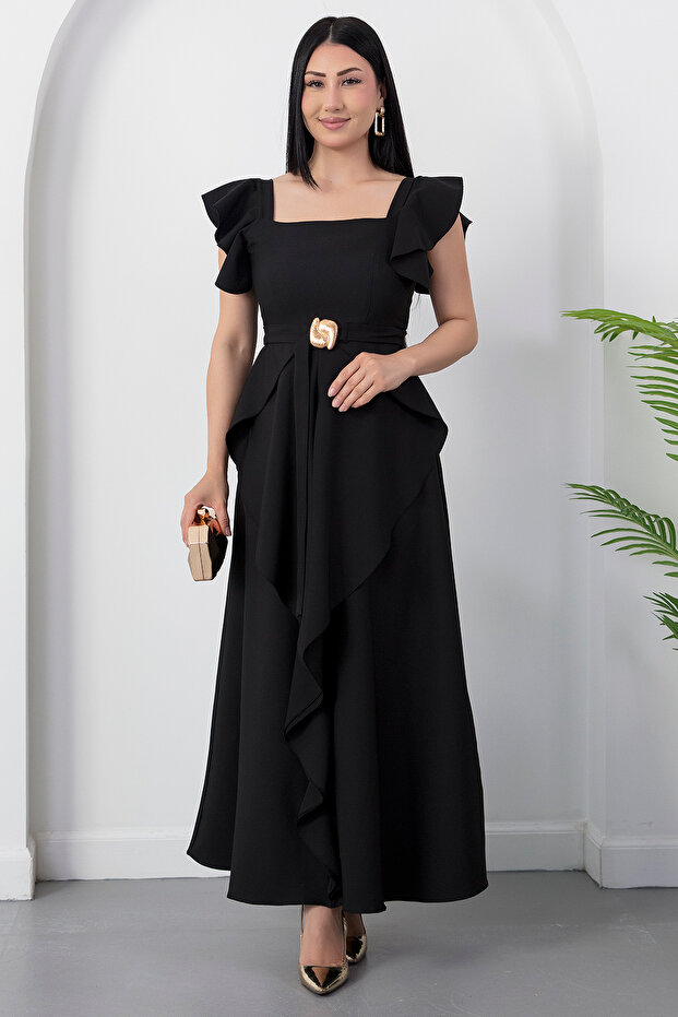 Square Neckline Shoulder and Skirt Ruffle Dress Grs4052