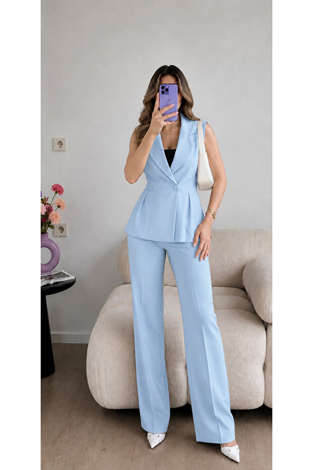 Waist-Tied Pleated Vest Trousers Blazer Suit