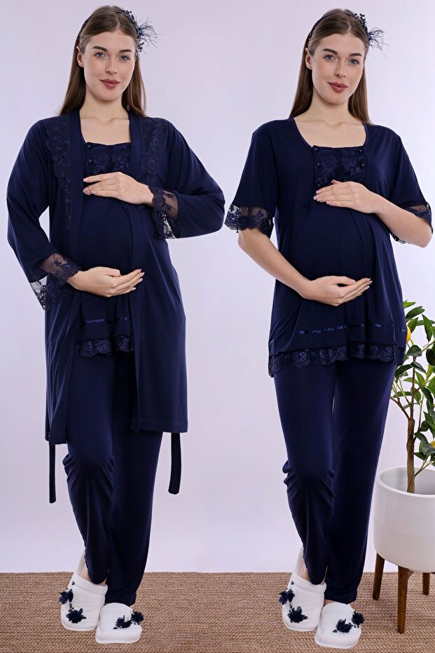 Adjustable Waist Elasticated Maternity Pajama Set with Dressing Gown Effortt - Navy Blue
