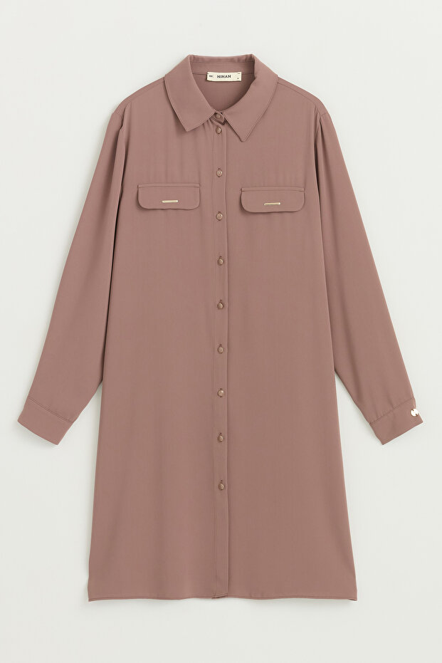 Plus Size Shirt Collar Tunic - Light Brown
