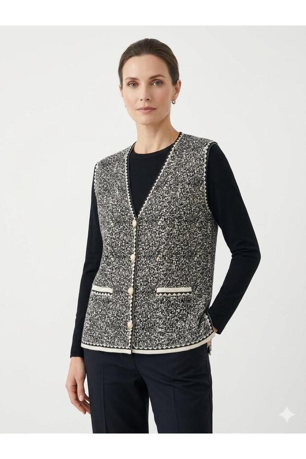 Women's Authentic Patterned Buttoned Knitwear Vest with Pockets Classic Mother's Vest Compatible with Sizes 42-48