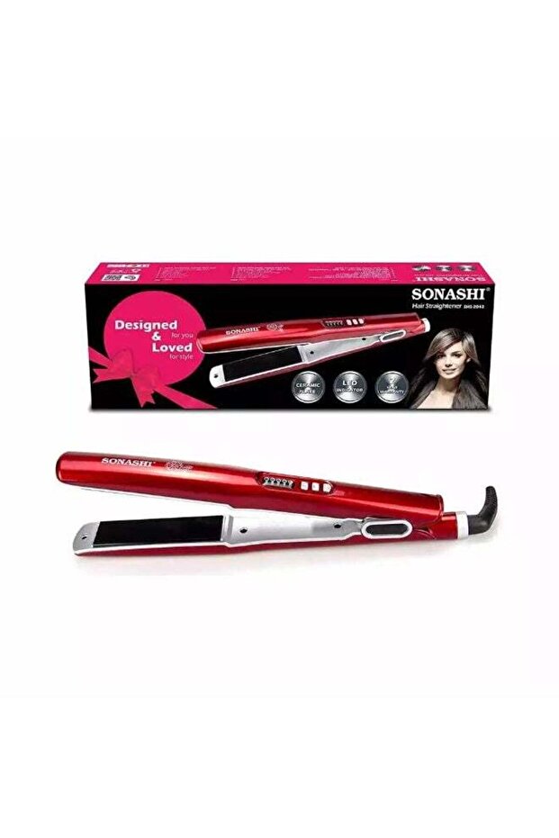 Hair Straightening Machine With Black Ceramic Plate LED Indicator, Hair Styling Tool - Red
