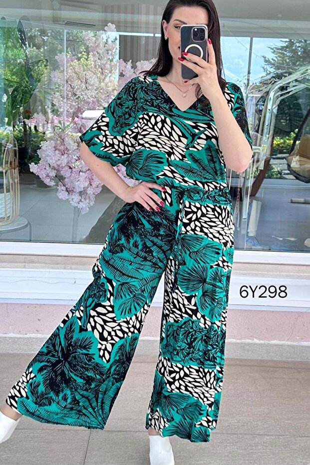 طقم فيسكوز برقبة على شكل حرف V 6y298