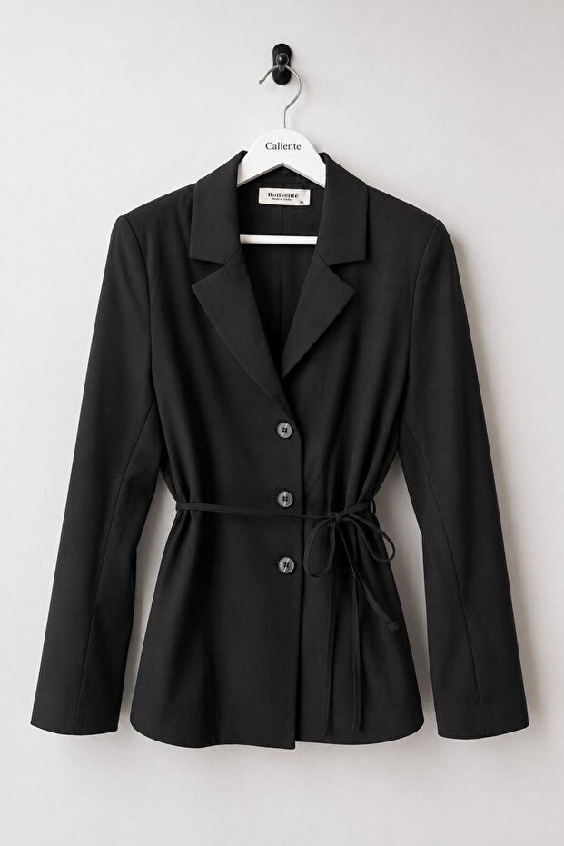 Women's Waist Tie Double-Breasted Collar Jacket Black