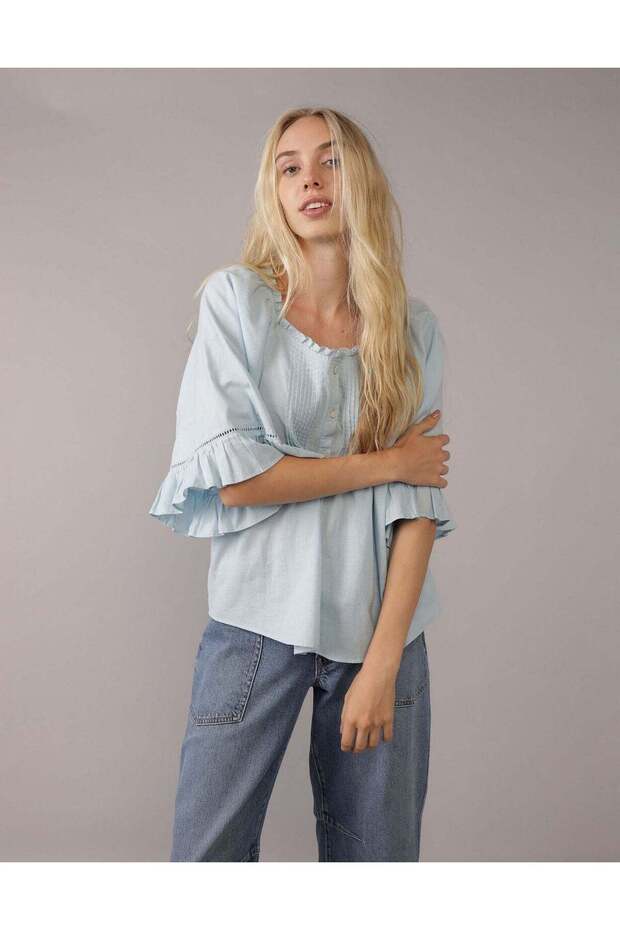 AE Linen-Blend Ruffle Blouse - 1