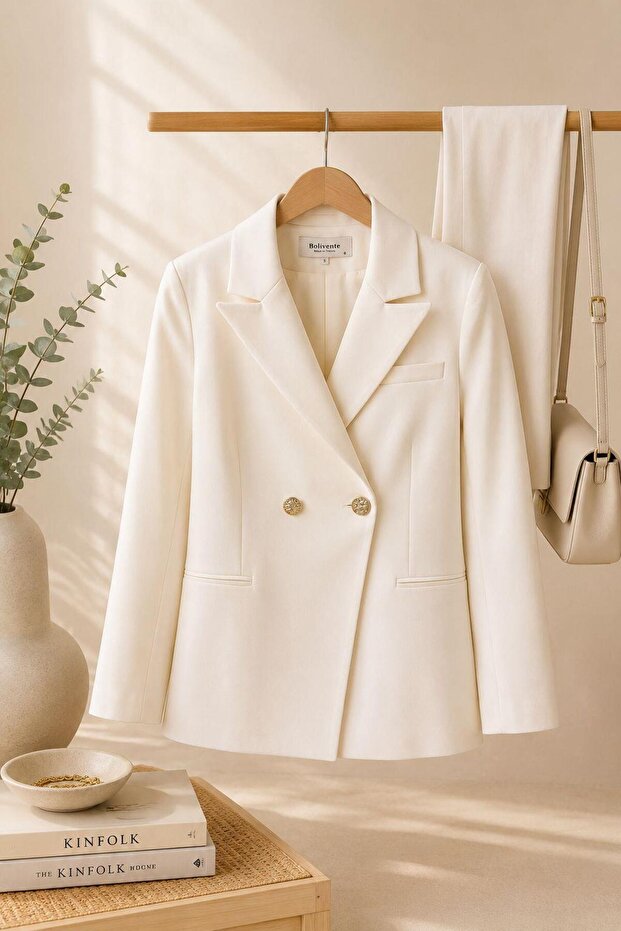 Women's double-breasted gold button blazer jacket - ecru
