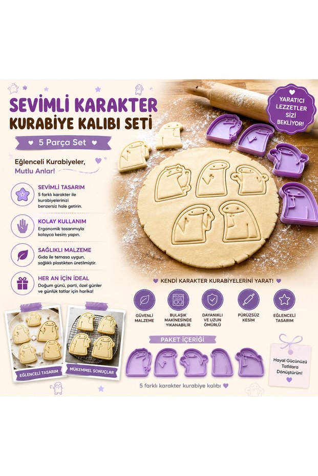 Set of 5 Cute Character Cookie Molds – Cookie Cutter and Shaping Mold