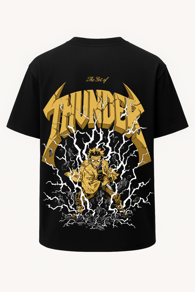 Oversize Zenitsu Lightning Demon Slayer Printed T-Shirt - Large Print on Front and Back - Wide Cut