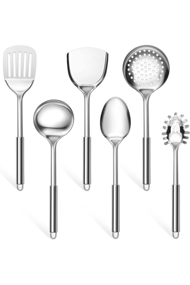 E-far 6-Piece Cooking Utensils Set, Stainless Steel Kitchen Utensils, Metal Heat Resistant Kitchen Tools Set