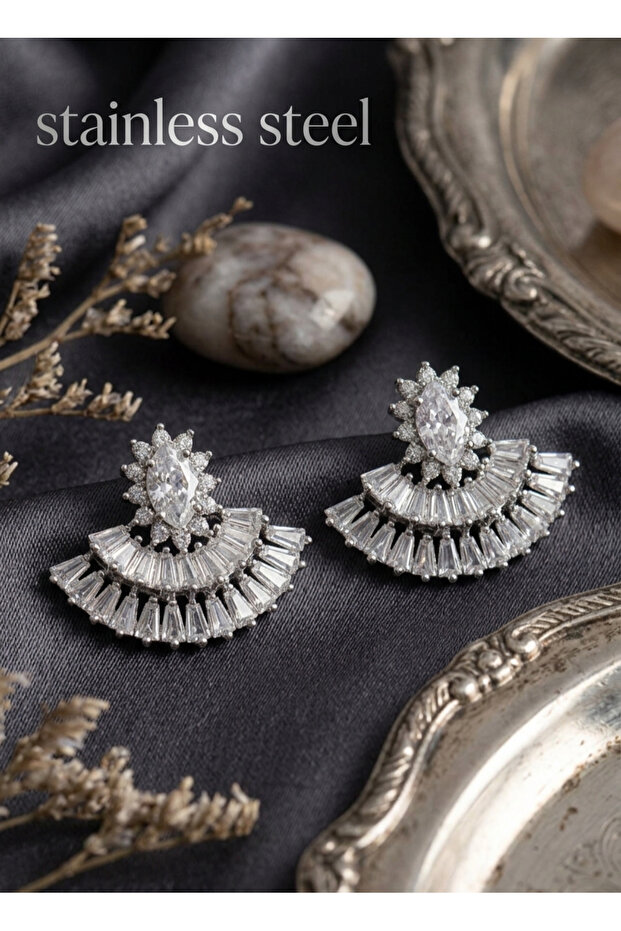 Brass Silver Color Zircon Stone Fan Model Earrings