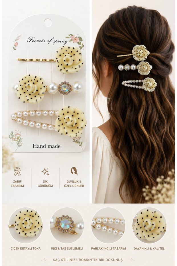 Pearl Detailed Flower Hair Clip Set 3-Piece Women's Hair Accessory Stylish Design Hair Clip Set