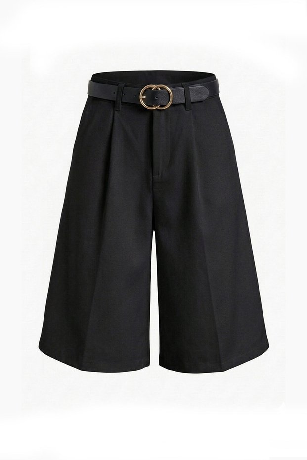 Pleated City Boy Belted Fabric Shorts - Black